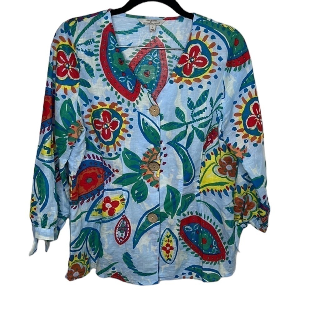 Linen Blend by Hester & Orchard Floral Abstract Button Up Blouse Sz S